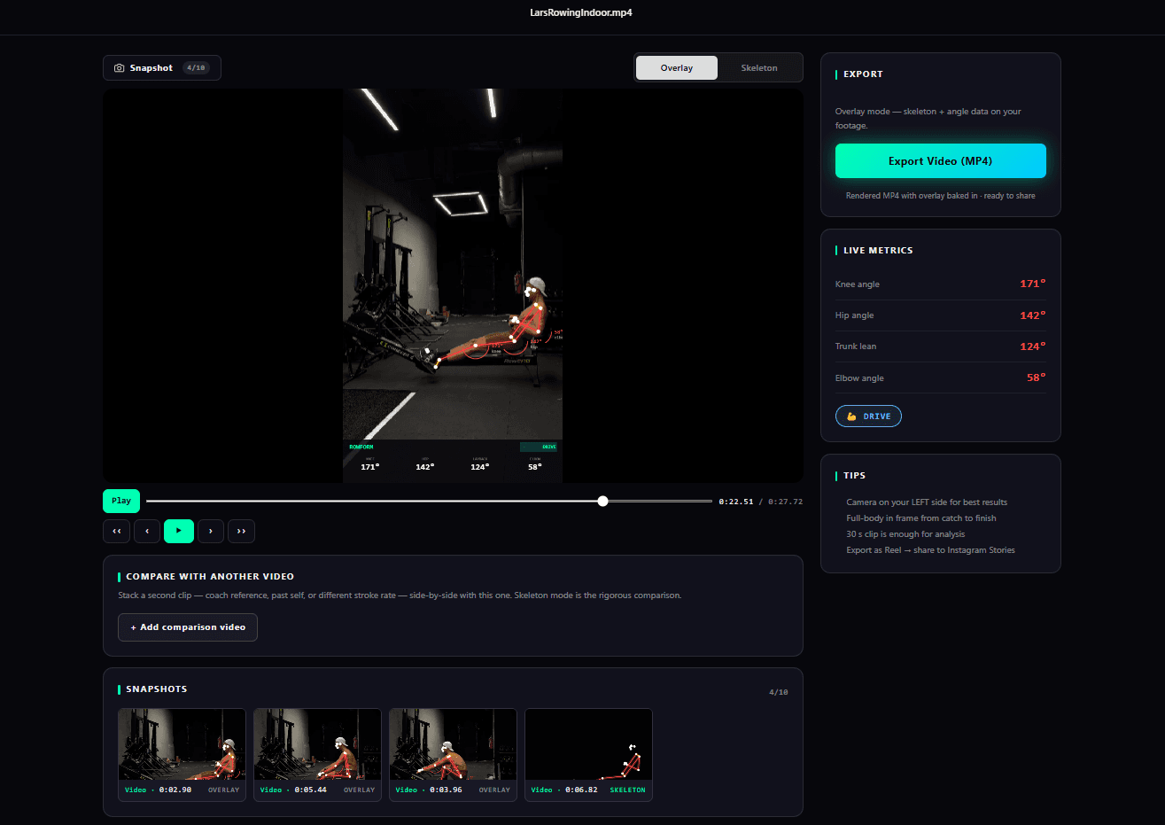 ROWFORM dashboard showing rowing technique analysis with export controls and live metrics.