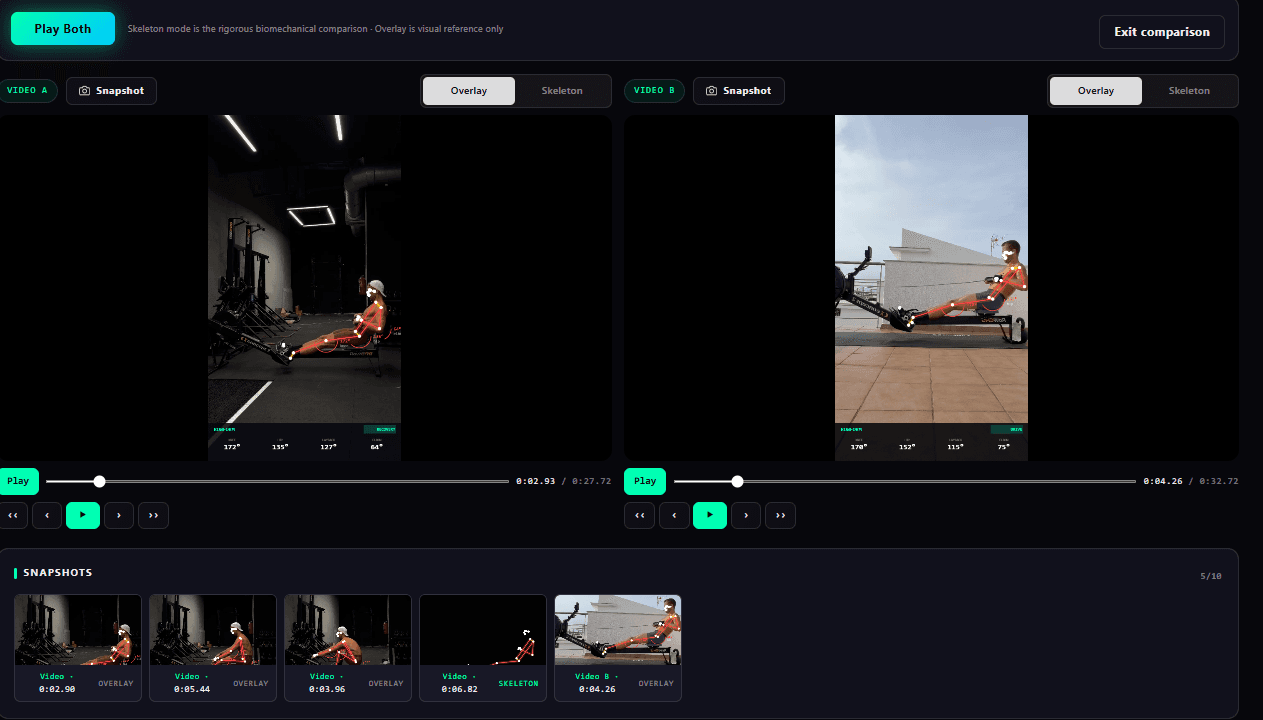 ROWFORM side-by-side rowing comparison view with synchronized analysis panes.