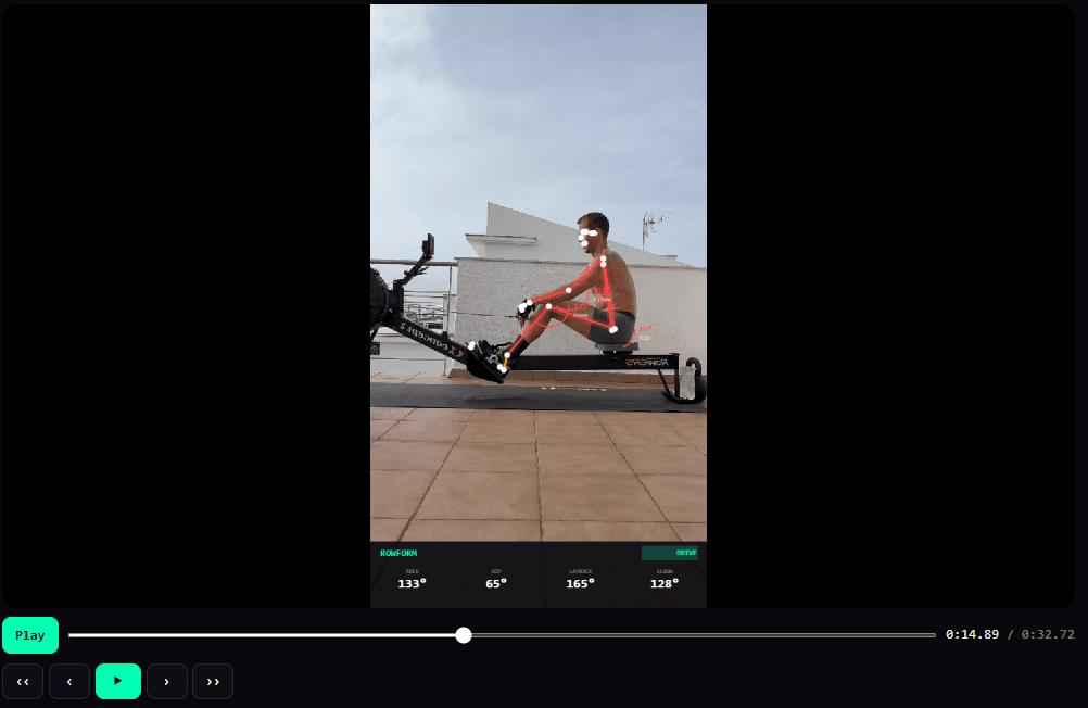 ROWFORM rowing overlay showing skeleton tracking and joint-angle metrics.