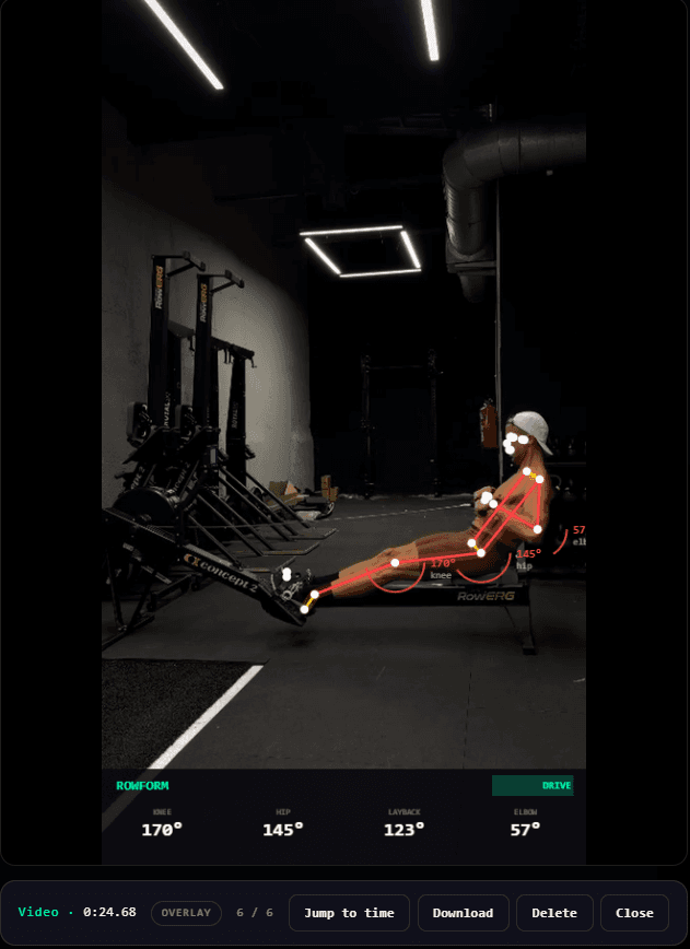 ROWFORM snapshot review showing rowing technique overlay with download controls.